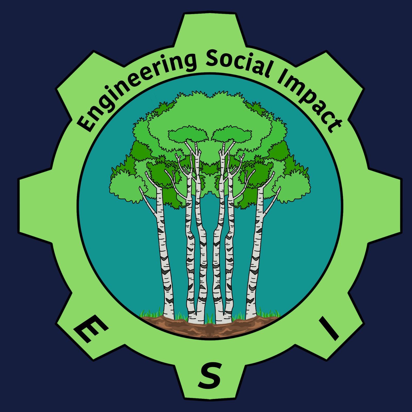 Green gear with aspen trees in the center. Engineering Social Impact is written on the top and the bottom says ESI.